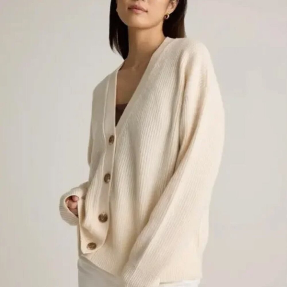 Quince Mongolian Cashmere Fisherman Boxy Cropped Cardigan Sweater Womens Ivory S